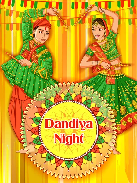 India Pasangan bermain Garba di Dandiya Malam Navratri Dussehra festival - Stok Vektor