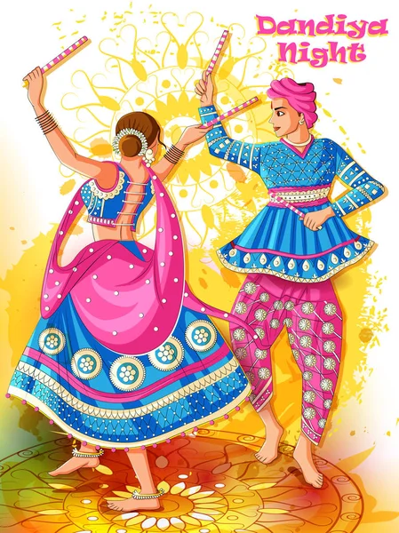 Hint Garba Dandiya gece Navratri Dussehra Festivali oynayan çift — Stok Vektör