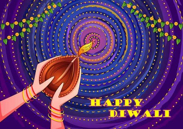 Mano de la señora india sosteniendo diya para Diwali en el fondo colorido del estilo del arte de la India — Vector de stock