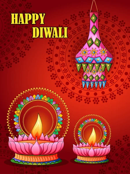 Happy Diwali traditionelles Fest von Indien Gruß Hintergrund mit bunten Diya — Stockvektor