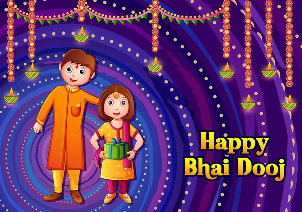 Indian kids celebrating Happy Bhai Dooj on colorful art style background of India — Stock Vector