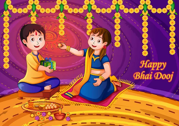 Indiase kinderen vieren gelukkig Bhai Dooj op kleurrijke kunst stijl achtergrond van India — Stockvector