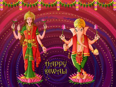 Tanrıça Lakshmi ve Lord Ganesha Hindistan 'ın Hint sanat tarzında Diwali dua festivali için.
