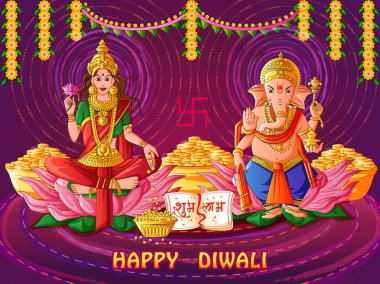Tanrıça Lakshmi ve Lord Ganesha Hindistan 'ın Hint sanat tarzında Diwali dua festivali için.