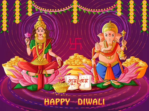 Déesse Lakshmi et Lord Ganesha pour Happy Diwali festival de prière de l'Inde dans le style de l'art indien — Image vectorielle