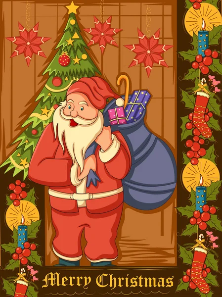 Santa ajándék boldog karácsonyi ünnepeket ünnepe háttérben — Stock Vector