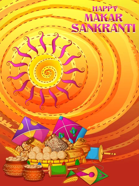 Feliz Makar Sankranti festival tradicional religioso de la India celebración de fondo — Vector de stock