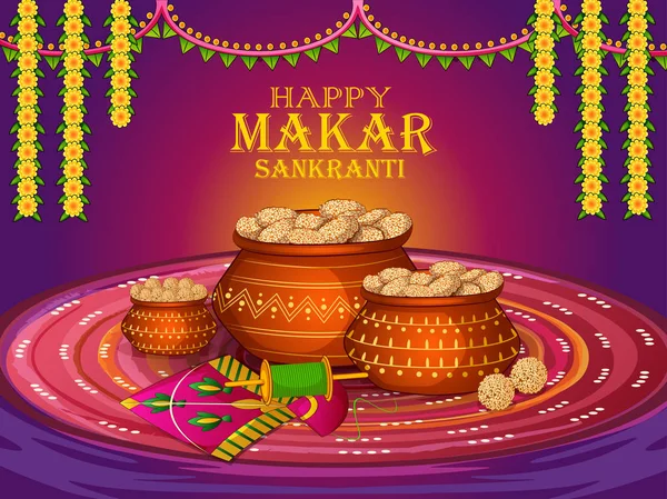 Feliz Makar Sankranti festival tradicional religioso de la India celebración de fondo — Vector de stock