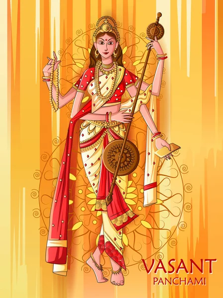 Dea indiana Saraswati su Vasant Panchami Pooja festival sfondo — Vettoriale Stock