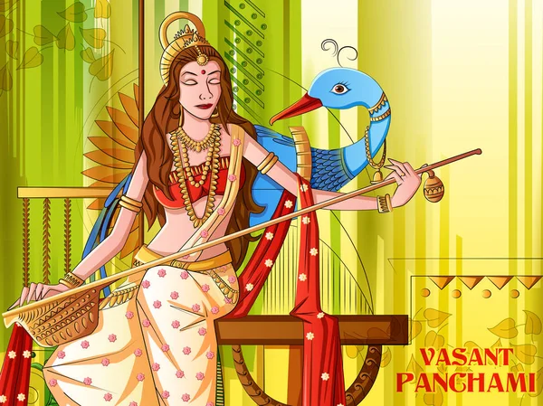 Hinduska bogini Saraswati na tle festiwalu Vasant Panchami Pooja — Wektor stockowy