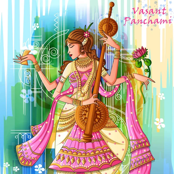 Indische Godin Saraswati op Vasant Panchami Pooja festival achtergrond — Stockvector