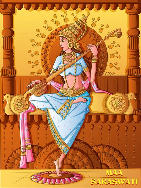 Diosa india Saraswati en el fondo del festival Vasant Panchami Pooja — Vector de stock