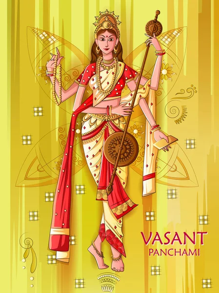 Индийская богиня Сарасвати на фоне фестиваля Васант Панчами Пуджа — стоковый вектор