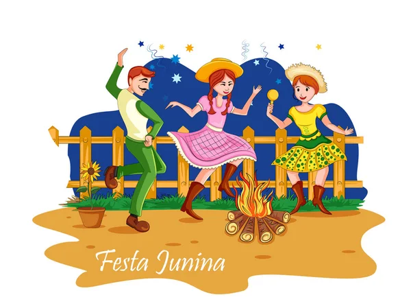 Az emberek a brazil ünneplő Festa Junina éves brazil fesztivál — Stock Vector