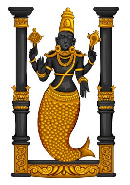 Hindistan Lordu Matsya heykelinin vintage heykeli, taşüzerine kazınmış Vishnu Dashavatara'sından bir avatar