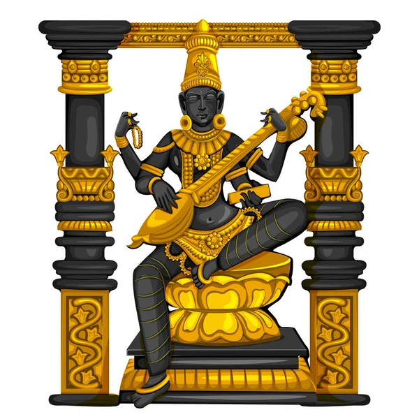 Estatua vintage de la diosa india Saraswati escultura grabada en piedra — Vector de stock