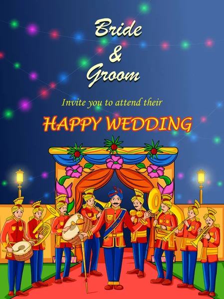 Musical band performing in barati on Indian wedding occasion — Stock Vector