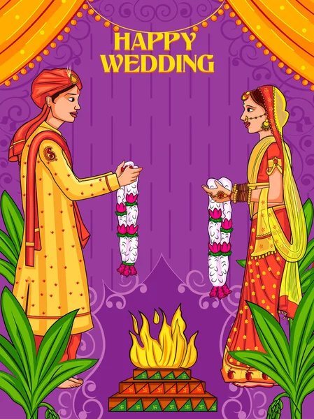 Indian couple in Jaimal wedding ceremony of India — Stock Vector