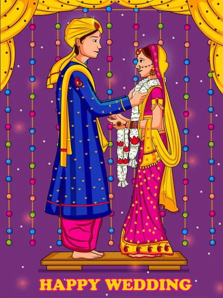 Indický pár v Jaimalské svatební slavnosti v Indii — Stockový vektor