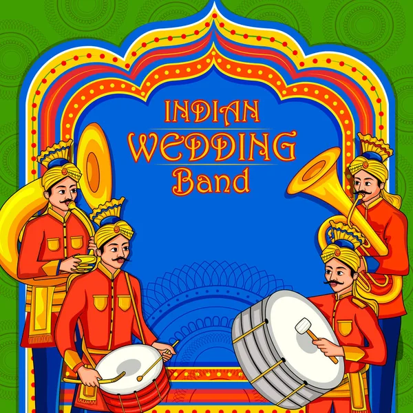 Musical band performing in barati on Indian wedding occasion — Stock Vector