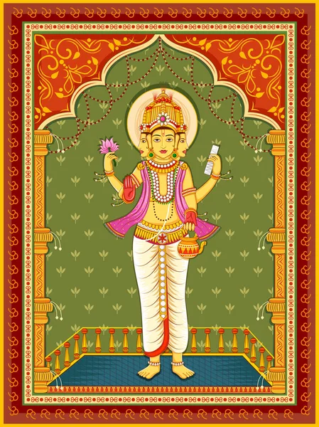 Standbeeld van Indiase Lord Brahma met vintage bloemen frame achtergrond — Stockvector