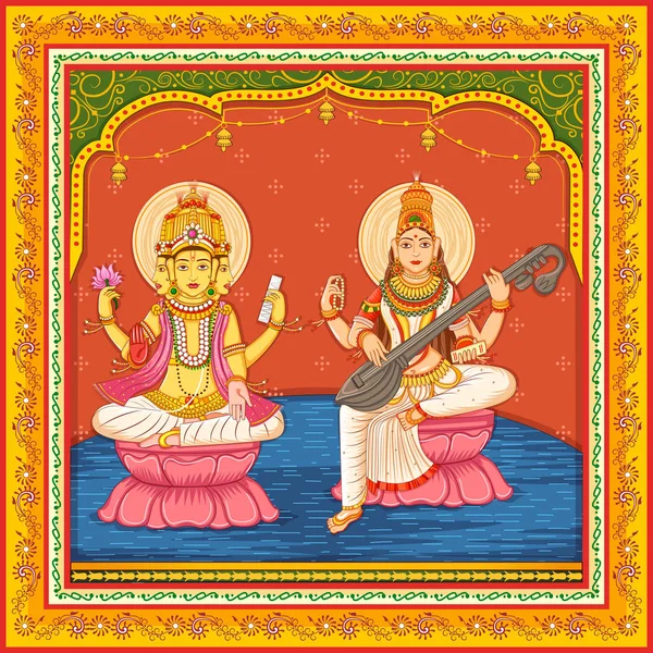 Estatua del Señor indio Brahma y la diosa Saraswati con fondo de marco floral vintage — Vector de stock