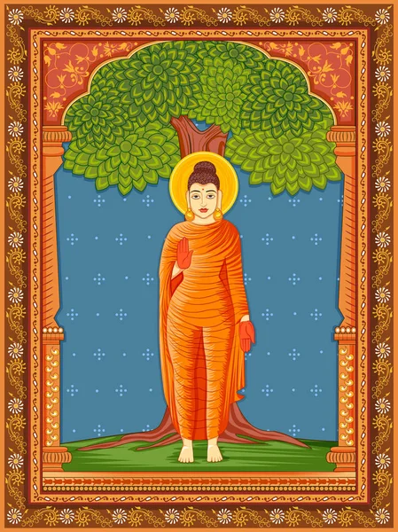 Statue des indischen Lord Buddha einer der Avatar aus dem dashavatara von vishnu mit Vintage-Blumenrahmen Hintergrund — Stockvektor