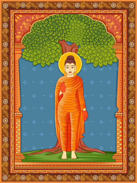 statue of Indian Lord Buddha one of avatar from the Dashavatara of Vishnu with vintage floral frame background