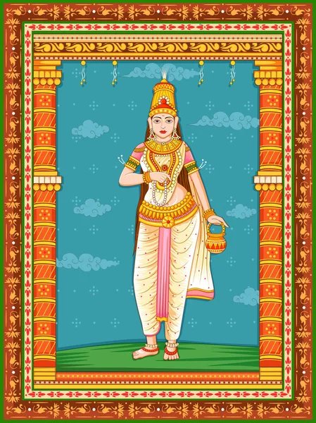 Άγαλμα της ινδικής θεάς Βραχμαχαρίνι ένα από τα avatar από Navadurga με vintage floral φόντο πλαίσιο — Διανυσματικό Αρχείο
