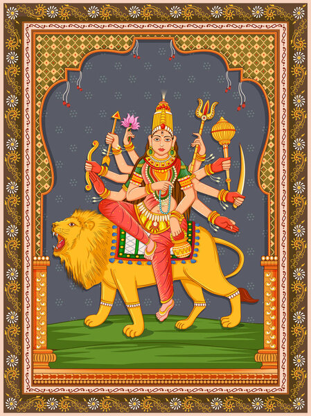 statue of Indian Goddess Chandraghanta one of avatar from Navadurga with vintage floral frame background