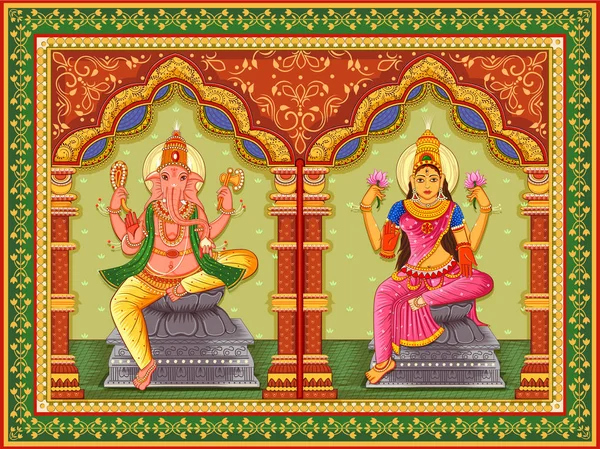 Statue du Dieu indien Lakshmi Ganesha avec cadre floral vintage — Image vectorielle