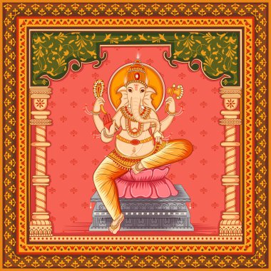 vintage çiçek çerçeve arka plan ile Hint Lord Ganesha heykeli