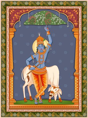 Vintage çiçek çerçeve arka plan ile Hint Tanrı Krishna Vintage heykeli