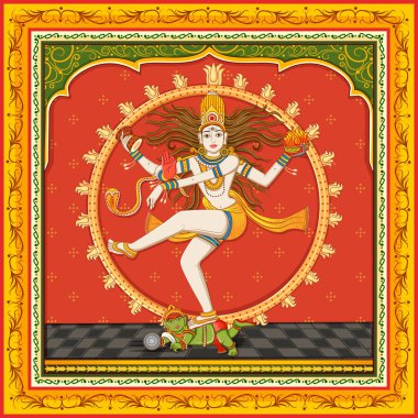 vintage çiçek çerçeve arka plan ile Hint Lord Shiva Nataraja heykeli