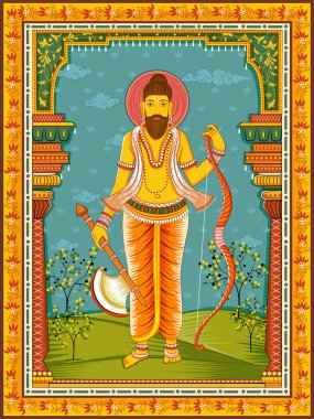 Vintage çiçek çerçeve arka plan ile Vishnu Dashavatara gelen avatar bir Hint Lord Parashurama heykel heykeli