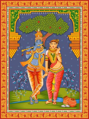 statue of Indian God Radha and Krishna with vintage floral frame background clipart