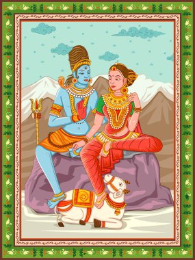 statue of Indian Lord Shiva Parvati with vintage floral frame background clipart