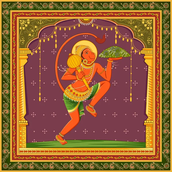Estatua de Señor indio Hanuman con fondo de marco floral vintage — Vector de stock