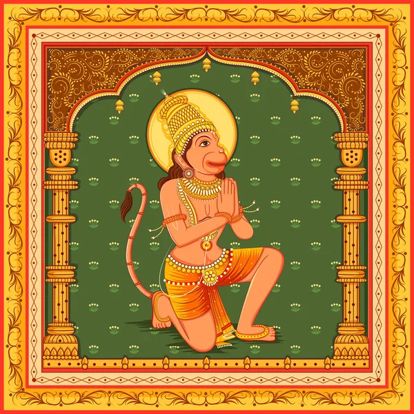 Statua del signore indiano Hanuman con cornice floreale vintage sfondo — Vettoriale Stock