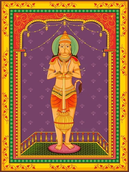 Statue of Indian Lord Hanuman with vintage floral frame background — Stock Vector