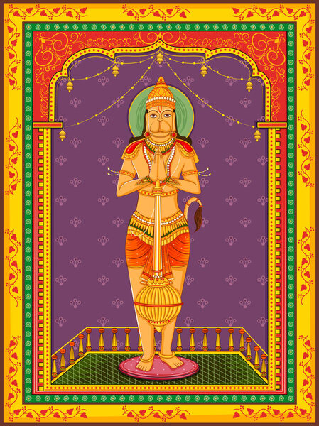statue of Indian Lord Hanuman with vintage floral frame background