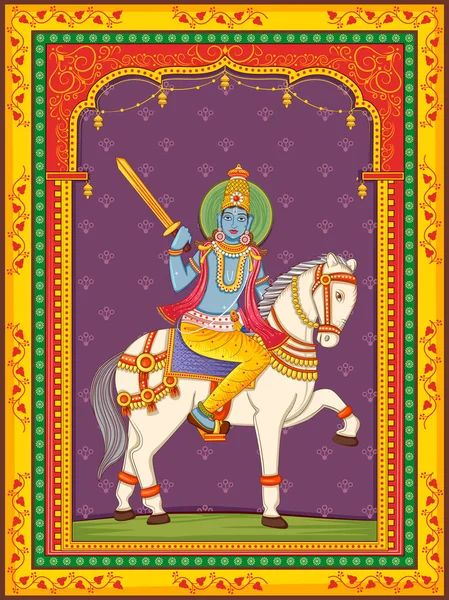 Estatua del Señor indio Kalki uno de avatar de la Dashavatara de Vishnu con fondo de marco floral vintage — Vector de stock