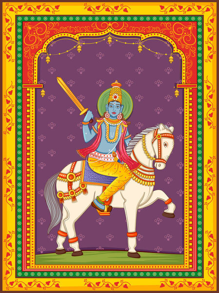 statue of Indian Lord Kalki one of avatar from the Dashavatara of Vishnu with vintage floral frame background