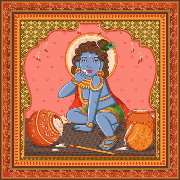 Estatua vintage de Dios indio Krishna con fondo de marco floral vintage — Vector de stock