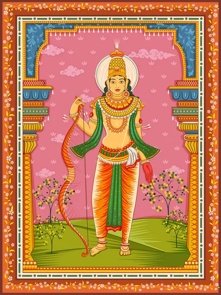 Estatua del Señor indio Rama con fondo de marco floral vintage — Vector de stock