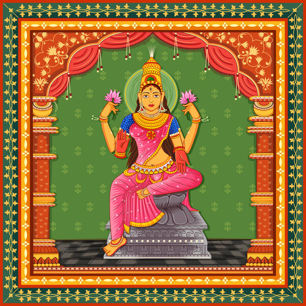 statue of Indian Goddess Lakshmi with vintage floral frame background