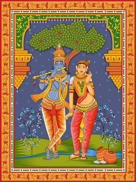 statue of Indian God Radha and Krishna with vintage floral frame background