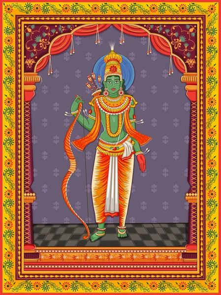 Standbeeld van Indiase Lord Rama met vintage bloemen frame achtergrond — Stockvector