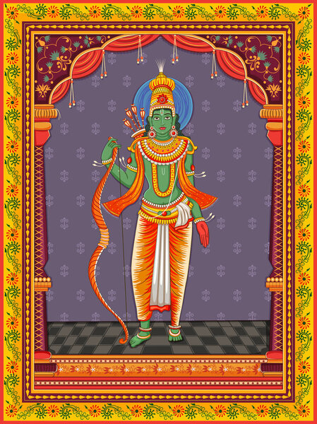 statue of Indian Lord Rama with vintage floral frame background