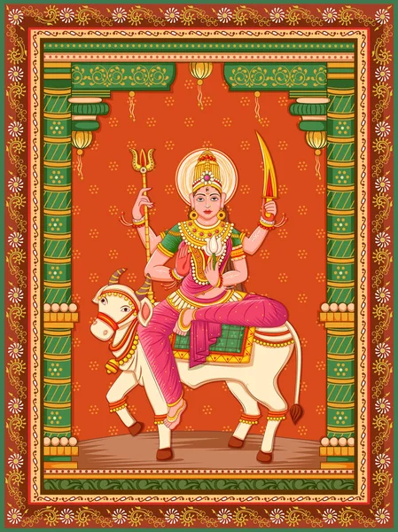 Estatua de la diosa india Shailaputri escultura uno de avatar de Navadurga con fondo de marco floral vintage — Vector de stock